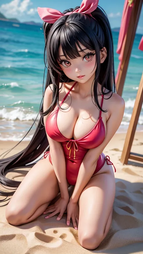 v idol. 29-years-old Japanese woman. very curvasious and medium breast. gold eyes. long black hair to her shoulders and bangs in the front. Red ribbon in her hair, wearing a pink swimsuit,  beach bar background, kneeling 