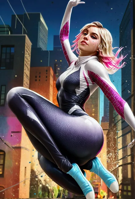 A realistic, spider-gwen, gwen stacy, hyperrealistic Spidergwen with athletic muscle, textured saturated white and black and pink trage, in the style of watercolor paint splats, (best quality,4k,8k,highres,masterpiece:1.2),ultra-detailed,(realistic,photore...