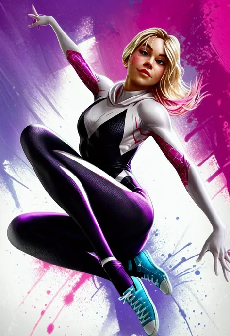 A realistic, spider-gwen, gwen stacy, hyperrealistic Spidergwen with athletic muscle, textured saturated white and black and pink trage, in the style of watercolor paint splats, (best quality,4k,8k,highres,masterpiece:1.2),ultra-detailed,(realistic,photore...