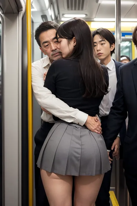 nsfw viewer discretion advised, crowded train, japan , handsome man hugging his girlfriend from behind, speak in her ear, lift h...