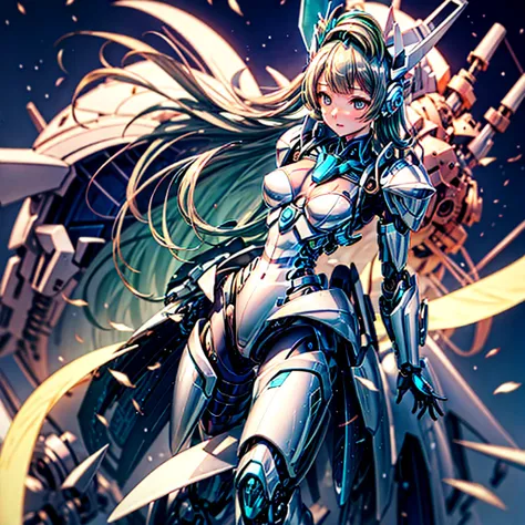 masterpiece, high quality, During the mechanized modification operation、Minami Kotori, who has been turned into a mechanical body cyborg、Surgery to convert to a gynoid cyborg body with exposed mechanical parts、A cyborg body for sexual purposes、Blue and whi...