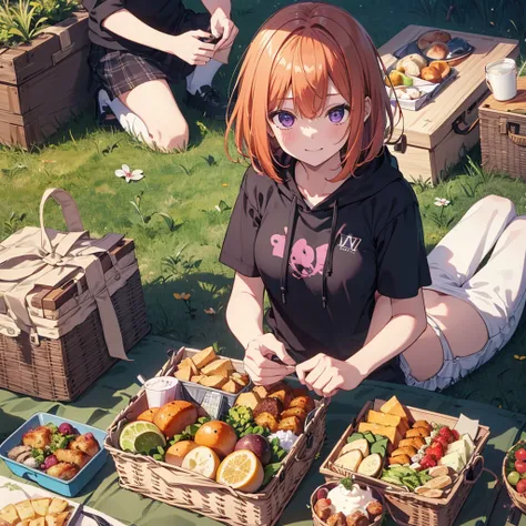 (Recall,food:1.3),(picnic:1.3),basket, Park with a view, Highest quality, grassland park, blue sky, hiking, Best image quality,Perfect Anatomy,masterpiece,Ultra-detailed,beautiful,super high quality, Highest quality,High resolution, Very detailed,Game CG,D...