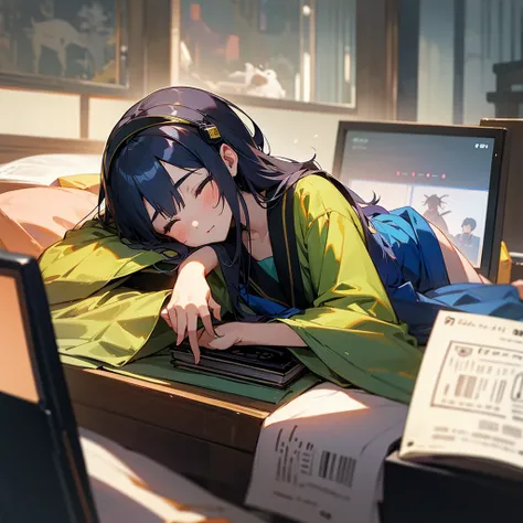 
Vertical portrait of a 15-year-old Taiwanese girl wearing over-ear headphones, sleeping on her computer desk in a dimly lit room. A cat is curled up next to her, and an open book lies beneath her head. The scene is captured in Lo-fi photography style with...