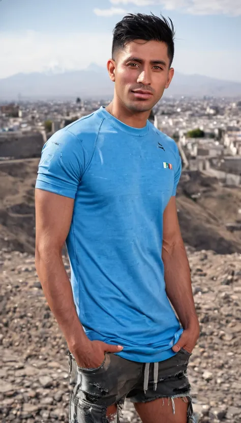 Realistic photography of a beautiful man. Full body shot. a man. Arequipa city background, Wearing ragged clothes, torn clothes, clothes with holes. Sportswear. wearing a tattered sports shirt. The man is Mexican, 30 years old, semi-muscular body. height: ...