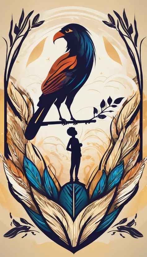 Create a cinematic, abstract symbol for a storytelling production brand based on stories and music called " Penamemoria". The logo should convey a fantasy theme and include the company of a boy and a fantasy bird. Logo design of a running boy with two gian...