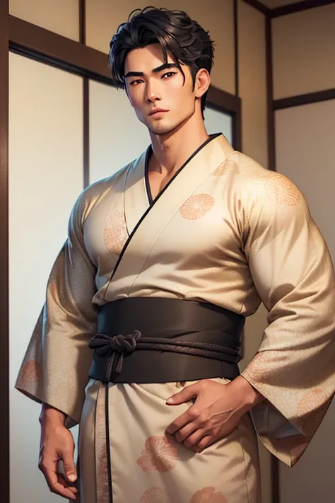 close-up handsome very japanese younger males,muscle,super and highly detailes,very 8k japanese summer kimonos with japanese pri...