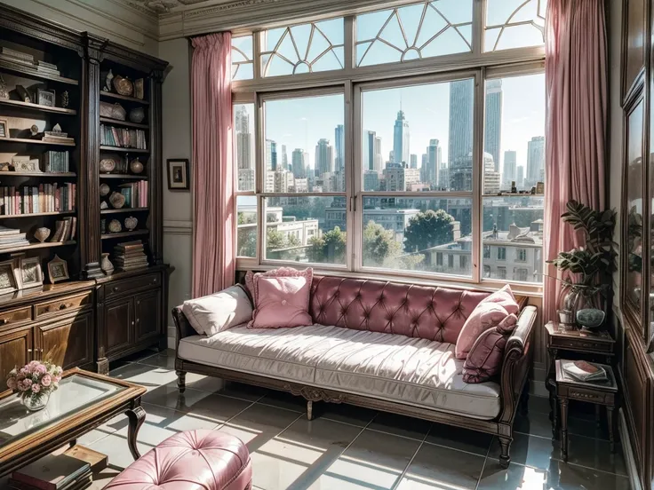 High-resolution images，Glass House，Glass House，Large floor-to-ceiling windows，There is a pink bed in the room，curtain，TV set，bookshelf，Bookcase with many books，table。The wall is glass window， The most important thing in the room is a big bed，The window is ...