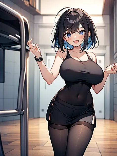 anime gravure,hyper cute 17yo sporty girl,
black hair,short hair,(huge breasts),
black camisole,black micro miniskirt,black pantyhose,
open mouth smile,(great thigh),