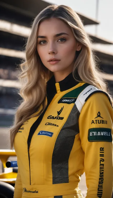 racer jumpsuit, ((yellow shirt)), formula 1 pilot, (full body, ultra-detailed),standing next to a formula 1 racing car, in front of the camera, ((perfect eyes, detailed eyes,realistic eyes)), (masterpiece, best quality, ultra-detailed, best shadow), high c...