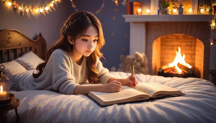 very beautiful girl studying on the cozy bed in the bedroom, dim atmosphere, fire place, birthday theme ornaments