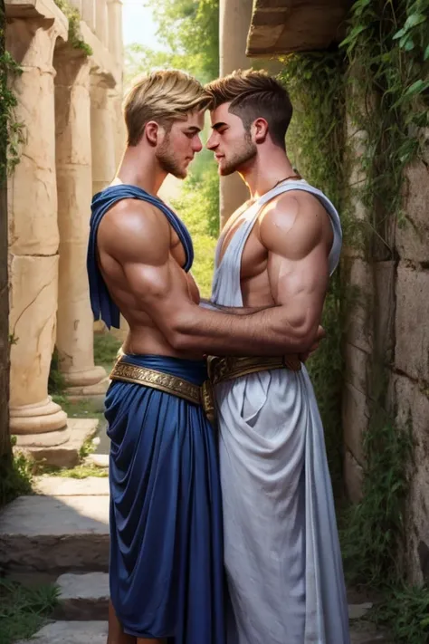 2 men, photo realistic. A friendly, pleased, handsome, muscular, 25-year-old, Greek male gladiator, with short, fade-cut brown hair, stubble, and blue eyes, shirtless, wearing an armored skirt and sandals, glistening with sweat, cuddling with a handsome, l...