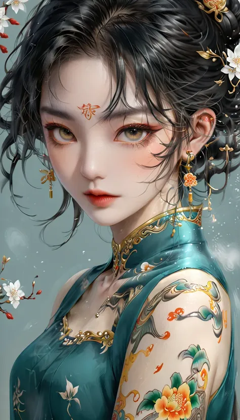 Chinese Beauty, Charming temperament, floating long dress, Clear face, beautiful eyes, Around osmanthus flowers, A masterpiece of perfect body structure proportions, Very detailed, Epic creation, Color Tattoo Art, Neo-Traditional Tattoo Art, SD tattoo desi...