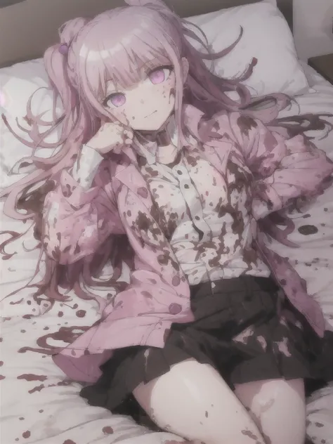 a girl laying in bed, kyoko kirigiri, wearing a pink buttoned raincoat, ((muddy clothes)), covered in mud, mud splatters, embarrassed expression on her face