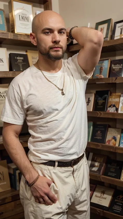 A handsome bald man inside a small bookshop with a beard wearing a modern ivory shirt and bracelets