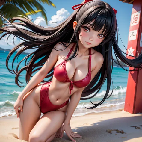 1_girl,  solo, 29-year-old Japanese woman. very curvasious and medium breast. gold eyes. long black hair to her shoulders and bangs in the front. Red ribbon in her hair, wearing a pink swimsuit,  beach bar background, kneeling 