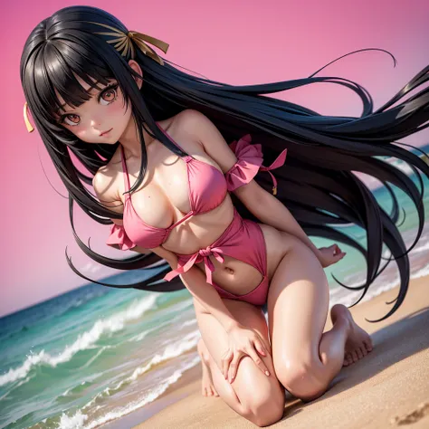 1_girl,  solo, 29-year-old Japanese woman. very curvasious and medium breast. gold eyes. long black hair to her shoulders and bangs in the front. Red ribbon in her hair, wearing a pink swimsuit,  beach bar background, kneeling 