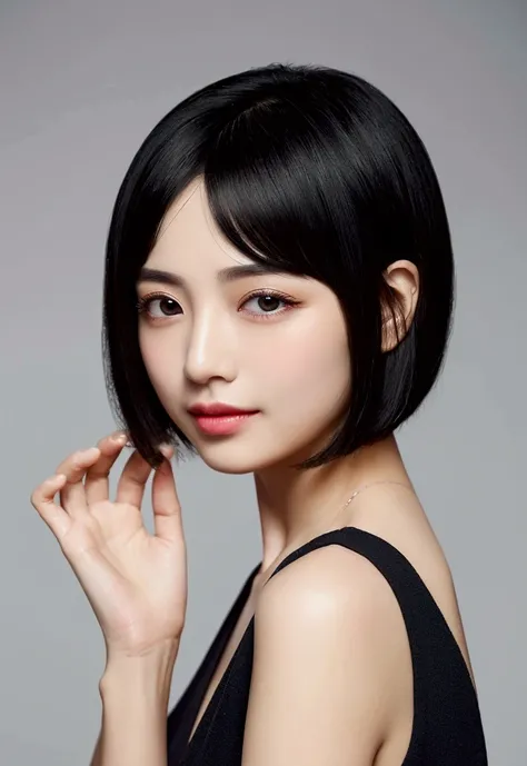 Black Hair,Short bob cut,Make the space between your eyes and eyebrows a little narrower,Lift the outer eyebrows slightly