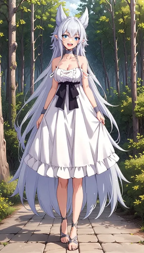 score_4, score_5, score_6, score_9, score_8_up, score_7_up, source_anime, 1girl, smile, open mouth, grey hair, very long hair, blue eyes, wolf ears, pointy ears, choker, white dress, bare shoulders, black ribbon, cleavage, strap slip, looking at viewer, st...