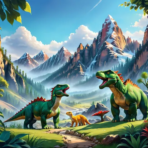 Dinosaurs on land amidst the mountains 