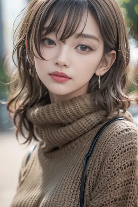 sitting on a park bench、(raw shooting), (((overall image)))、３５age、((red sweater with high neck))、white scarf around neck、long th...