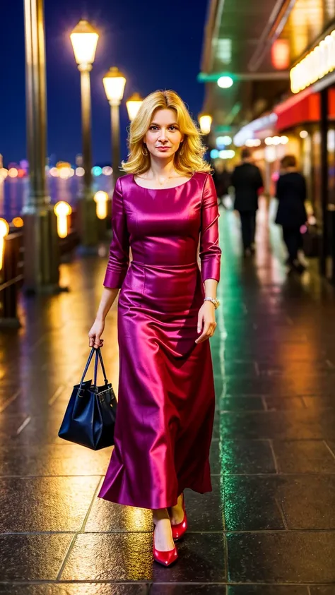 color photography of 40 years old (Polish woman:1.3), elegant, (in city promenade:1.3), at night, flat lighting, (soft saturation:1.2), analog style,