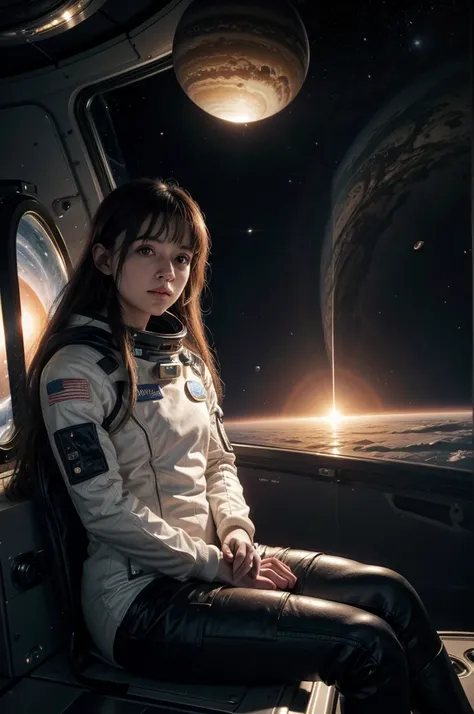 ultra realisitic, sitting and thinking on a ship in space, wearing a spacesuit but no helmet, background planet with ring around it, Black hole right behind the planet.