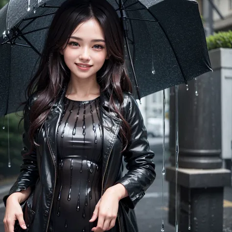 ((sfw:1.2)), rain, ((dripping waster:1.2)), (8k, RAW photo, best quality, masterpiece:1.2), young  beautiful girl, ultra detailed, official art, unity 8k wallpaper, (finely detailed face:1.2), (smiling:1.2), (street:1.0), jumpsuit, cropped blazer, mules