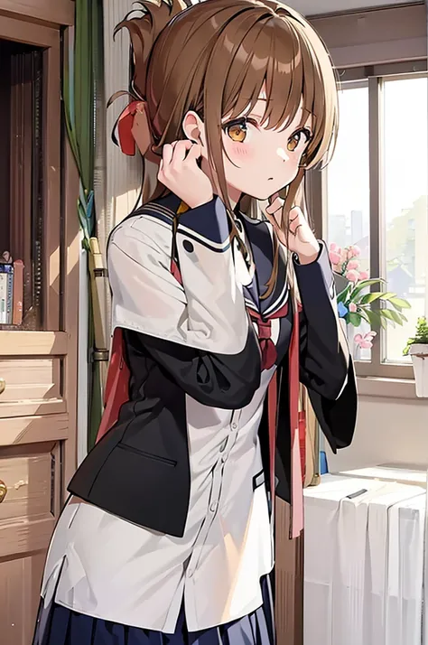 (masterpiece, best quality:1.2),illustration,8k,hd,1girl,solo,upper body,(portrait:1.2),brown_hair,folded_ponytail,brown_eyes,serafuku,long_hair,school_uniform,skirt,pleated_skirt,