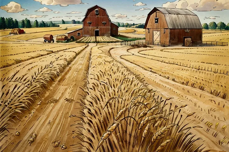 A wheat field with people harvesting and a barn in the center. Perfect and realistic image