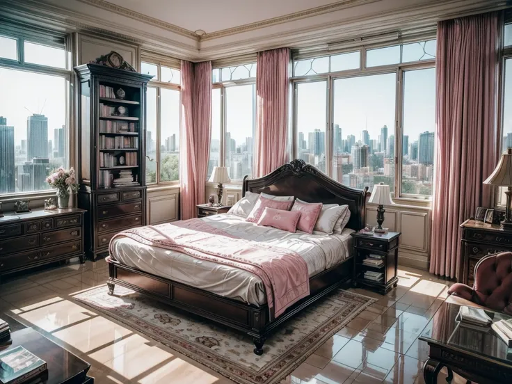 High-resolution images，Glass House，Glass House，Large floor-to-ceiling windows，There is a pink bed in the room，curtain，TV set，bookshelf，Bookcase with many books，table。The wall is glass window， The most important thing in the room is a big bed，The window is ...