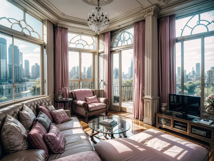 High-resolution images，Glass House，Glass House，Large floor-to-ceiling windows，There is a pink bed in the room，curtain，TV set，bookshelf，Bookcase with many books，table。The wall is glass window， The most important thing in the room is a big bed，The window is ...