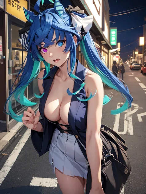 (Masterpiece, best quality, high res、highly detailed cg: 1), A very aggressive streetwalker with vulgar and unrefined manners and attire, forcefully soliciting a man. The man is a faceless background character. The scene is set on a quiet, sparsely populat...