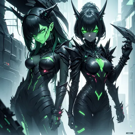 Make a witch from an alien race with necrotic green skin, ugly and with a look of will and anger. she must have black and futuristic clothes. cyberpunk style