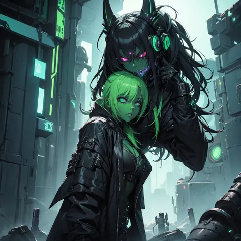 Make a witch from an alien race with necrotic green skin, ugly and with a look of will and anger. she must have black and futuristic clothes. cyberpunk style