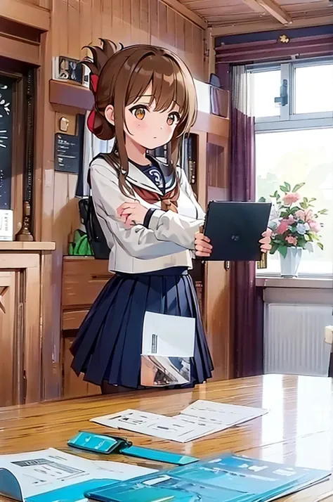 (masterpiece, best quality:1.2),illustration,8k,hd,1girl,solo,upper body,(portrait:1.2),brown_hair,folded_ponytail,brown_eyes,serafuku,long_hair,school_uniform,skirt,pleated_skirt,