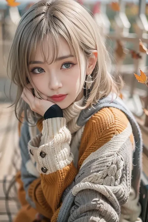 sitting on a park bench、(RAW shooting), (((Overall image)))、３５age、((Red sweater with high neck))、White scarf around neck、Long thin earrings、Round eyes、Cheek on ear、correct、make、smile、Biting the lower lip、（((Close one eye and wink)))、Soft lips、誘惑的なsmile、Spa...