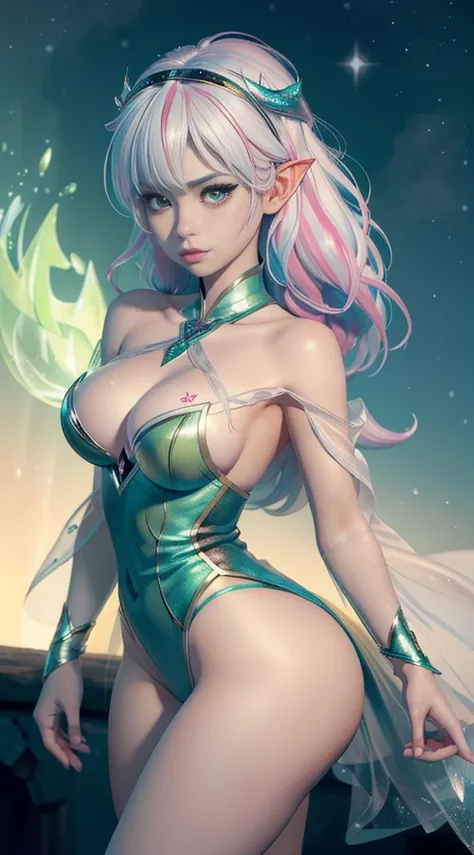 Elfgirl (Komi-san-Elsa frozen Disney tinkerbell Disney mezclando modelos .) (ultra FUSION of white and pink hair) Highly detailed CG unity 8k wallpaper, style shot, complex, high detail, dramatic, highest quality movie still image, very detailed, masterpie...