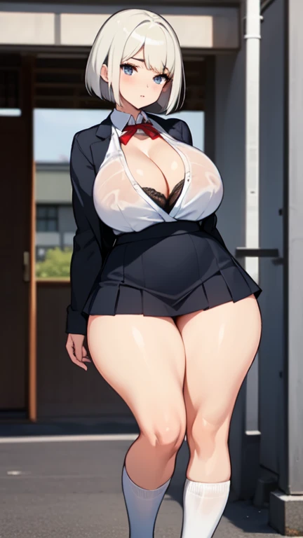 ((huge breasts))
((Very thick thighs))
((Very fleshy young woman))
(Tall)
(cleavage)
(Short White hair)
(bob hairstyle)
Standing
(((Shoot from front)))
(Japanese school uniform)
(white (business) shirt)
(Black mini(school)skirt)
Japanese 
Tokyo city