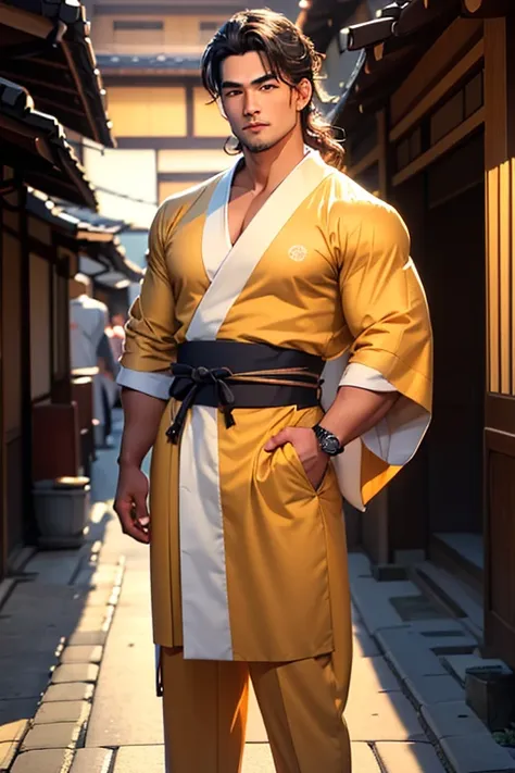 Close-up handsome very Japanese younger males,muscle,super and highly detailes,very 8k Japanese summer kimonos with Japanese prints patterns((absurdres, highres, ultra detailed)handsome, tall muscular Anime young man Japanese man full body figure kinda bra...