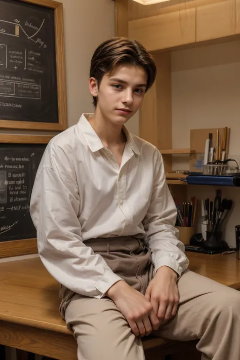 A young male twink, 20 years old, with a cute angel face, with makeup and black hair, wearing a luxurious, long-sleeved, white shirt and brown medieval pants. Behind him is a blackboard with the nerve cells of the brain written on it, and he looks proudly ...