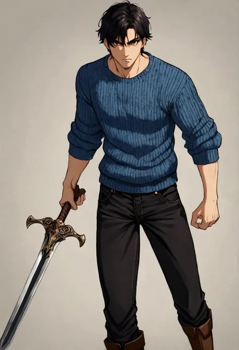 a guy with black hair, brown eyes and a right eye lid, with an iron sword in his right hand, wearing a blue sweater and black jeans and brown boots