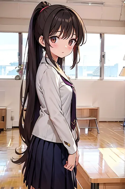 (masterpiece, best quality:1.2),illustration,8k,hd,1girl,solo,upper body,(portrait:1.2),brown_hair,folded_ponytail,brown_eyes,serafuku,long_hair,school_uniform,skirt,pleated_skirt,