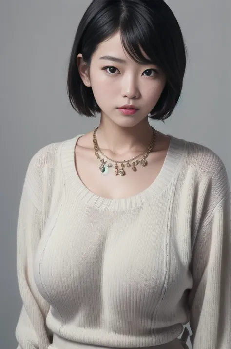 (Highest quality,8k,32K,masterpiece:1.2),Photo of a beautiful Japanese woman with large breasts and very short bob hair, Focus on the upper body and face, Wearing a large sweater and necklace, Simple Background, Shot from above.