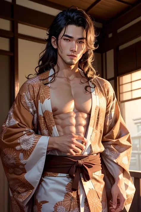 Close-up handsome very Japanese younger males,muscle,super and highly detailes,very 8k Japanese summer kimonos with Japanese prints patterns((absurdres, highres, ultra detailed)handsome, tall muscular Anime young man Japanese man full body figure kinda bra...