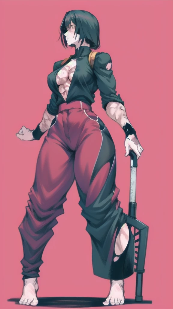 Full body image of Maki Zenin from Jujutsu Kaisen, full body in image, wearing her post-clan outfit (sleeves torn, harem pants), visible scars, short dark hair, female body, athletic and muscular body, dynamic pose, detailed pose, simple background, expres...