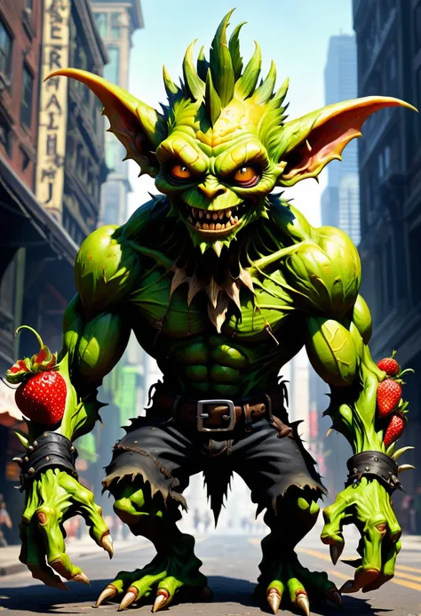 hyper detailed masterpiece, downtown, dynamic, incredible quality,Macabre Goblin, medium-sized humanoid creature, robust and muscular construction, pointy ears, fangs, greenish skin, facial warts, clawed hands and feet, rough or tattered clothing, maliciou...