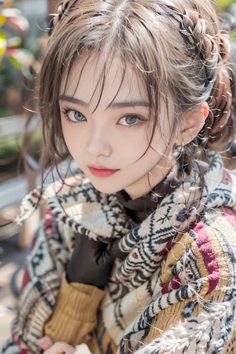 sitting on a park bench、(RAW shooting), (((Overall image)))、３５age、((Red sweater with high neck))、White scarf around neck、Long thin earrings、Round eyes、Cheek on ear、correct、make、smile、Biting the lower lip、Soft lips、誘惑的なsmile、Sparkle、Darker lipstick、Cheek on...