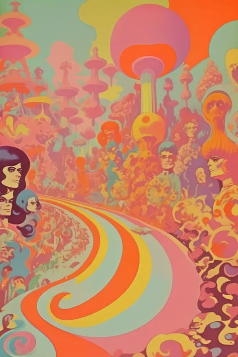 Victor Moscoso Style - 1960s psychedelic murshoorms in pastel color tones