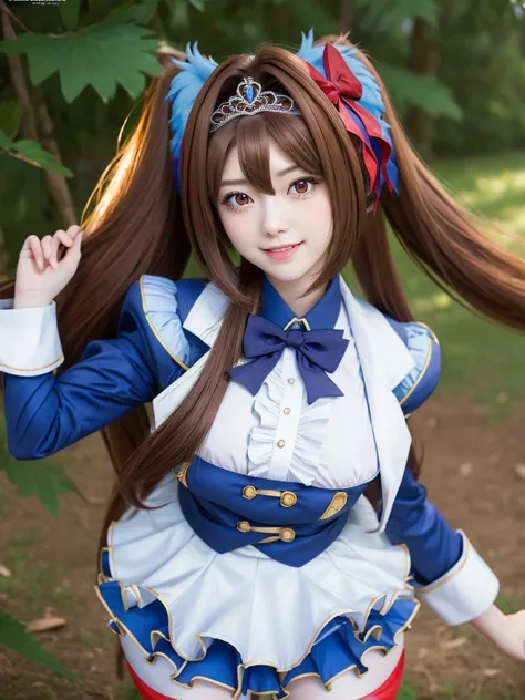 daiwa scarlet, brown hair, hair intake, (red eyes:1.3), long hair, twintails, animal ears, horse girl,
BREAK (Highest quality, 16K, masterpiece:1.55), Ultra detailed face, Detailed lips, Detailed eyes, double eyelid, 
BREAK (Happy smile:1.2), upper body, (...