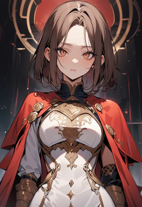 1 girl, bob, center part, forehead, brown hair, piercing, brown eyes, expressionless, 
BREAK (masterpiece), (high resolution 8K), detailed eyes and face, detailed body, 
BREAK embroidery breastplate ,metal accent cape,thighhighs,